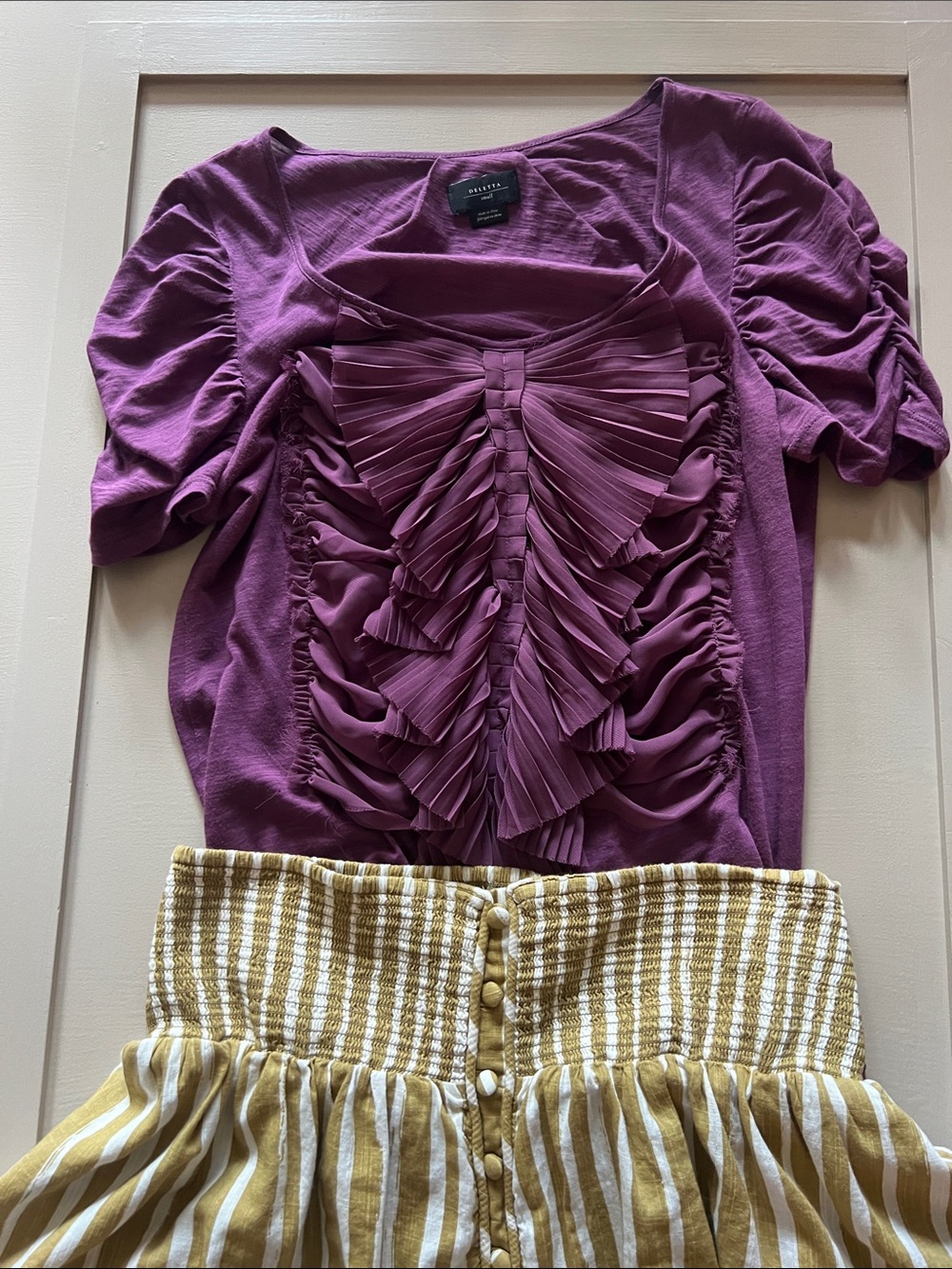 Anthropologie Mauve Ruffle Pleat Front Short Sleeve Top
